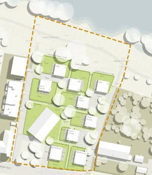 Der nun aktuell vorgestellte Plan des Immobilienzentrums. Neun Punkthäuser sollen jetzt entstehen. Grafik: Immobilienzentrum