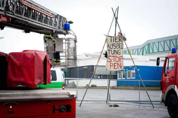 Mit Amtshilfe der Feuerwehr räumt die Polizei den sechs Meter hohen Tripod in der Haupteinfahrt der Schlachtfabrik. Foto: cg/ visual-rebellion.com