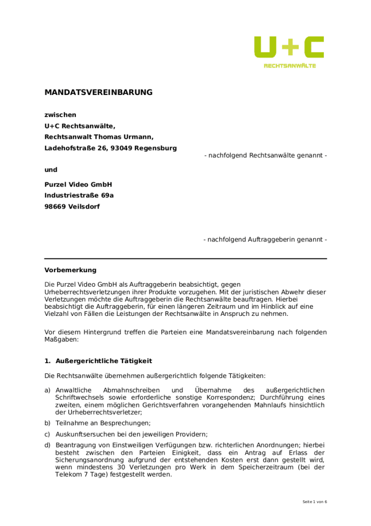 Ein Auszug aus der Mandantenvereinbarung von U+C. Jurist Solmecke nennt diese Verträge "illegal".