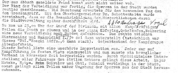 Auszug aus nicht geschwärztem „Kriegstagebuch“ (um 1975) zu den entscheidenden Stunden des 26. April 1945 mit handschriftlichem Nachtrag.