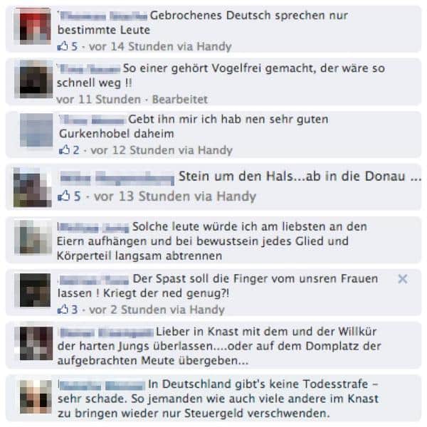 Screenshots der Wochenblatt-Facebook-Seite; Kommentare zu „Erneut sexueller Übergriff in Regensburg - 55-Jährige wurde leicht verletzt“; eigene Zusammenstellung.