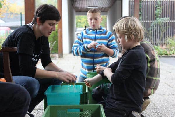  Bevor aus den Kartoffeln selbstgemachte Pommes werden, werden sie von Lehrerin Phoebe Ploedt und den Schülern gewaschen. Foto: ad