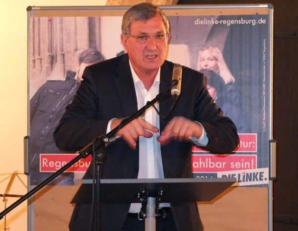 Beim Wahlkampfendspurt der Linken im Dollingersaal: Bundesvorsitzender Bernd Riexinger. Foto: Herbert Baumgärtner