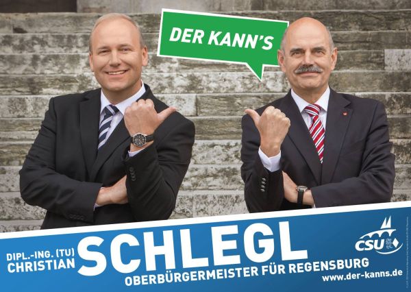 Erst machte Schaidinger noch Promo für Christian Schlegl, dann fuhr er ihm bei seinem letzten Presseclub-Auftritt gegen den Karren.     Erst machte Schaidinger noch Promo für Christian Schlegl, dann fuhr er ihm bei seinem letzten Presseclub-Auftritt gegen den Karren. (Wahlplakat Kommunalwahlkampf 2013)