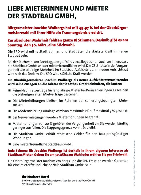 Zusagen der SPD an die Stadtbau-Mieter im Wahlkampf. 