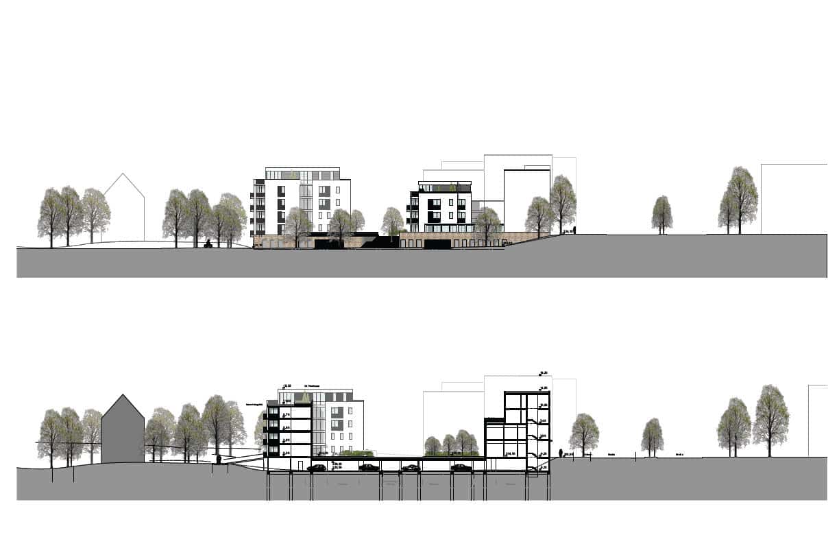 Ostansicht der geplanten Bebauung mit Tiefgarage. Grafik: GHP Architekten