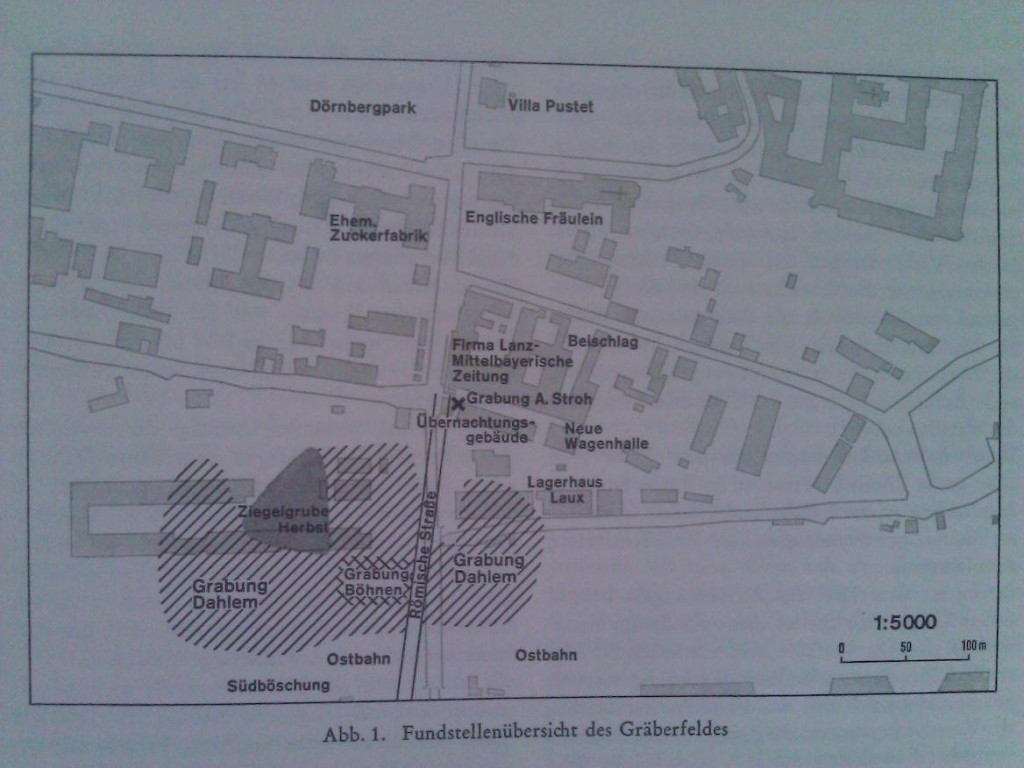 Eine Karte der Untersuchungen Dahlems. (Siegmar von Schnurbein: Das Römische Gräberfeld von Regensburg. (= Materialhefte z. Bayer. Vorgesch. Reihe A Band 31). Laßleben, Kallmünz 1977,)