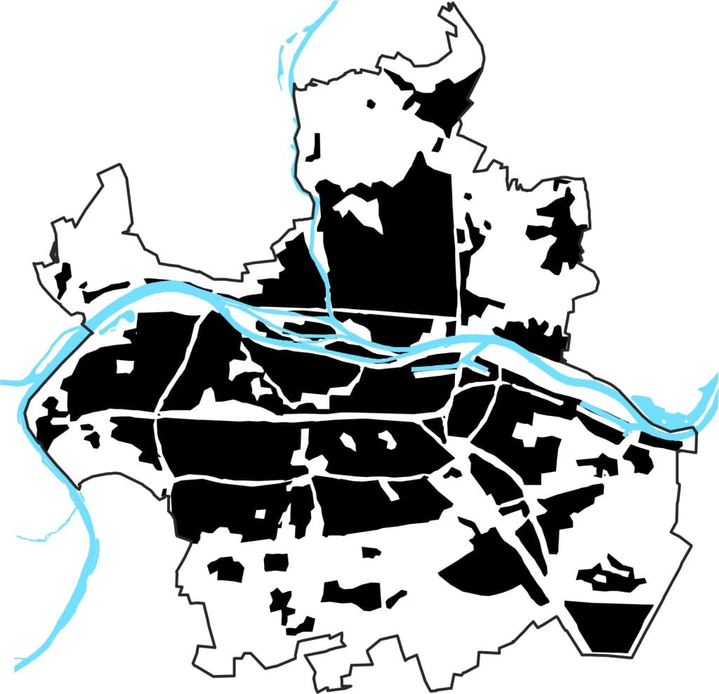 Grafik „Entwicklung der Siedlungsfläche Stadt Regensburg“ aus: Statistisches Jahrbuch 2014 der Stadt Regensburg (Gewässer und Stadtgrenze entsprechen ihrem heutigen Stand)