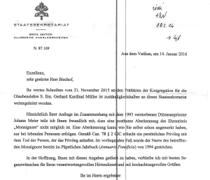 Post aus dem Vatikan (zum Vergrößern anklicken): "posthume Aberkennung nicht möglich". 