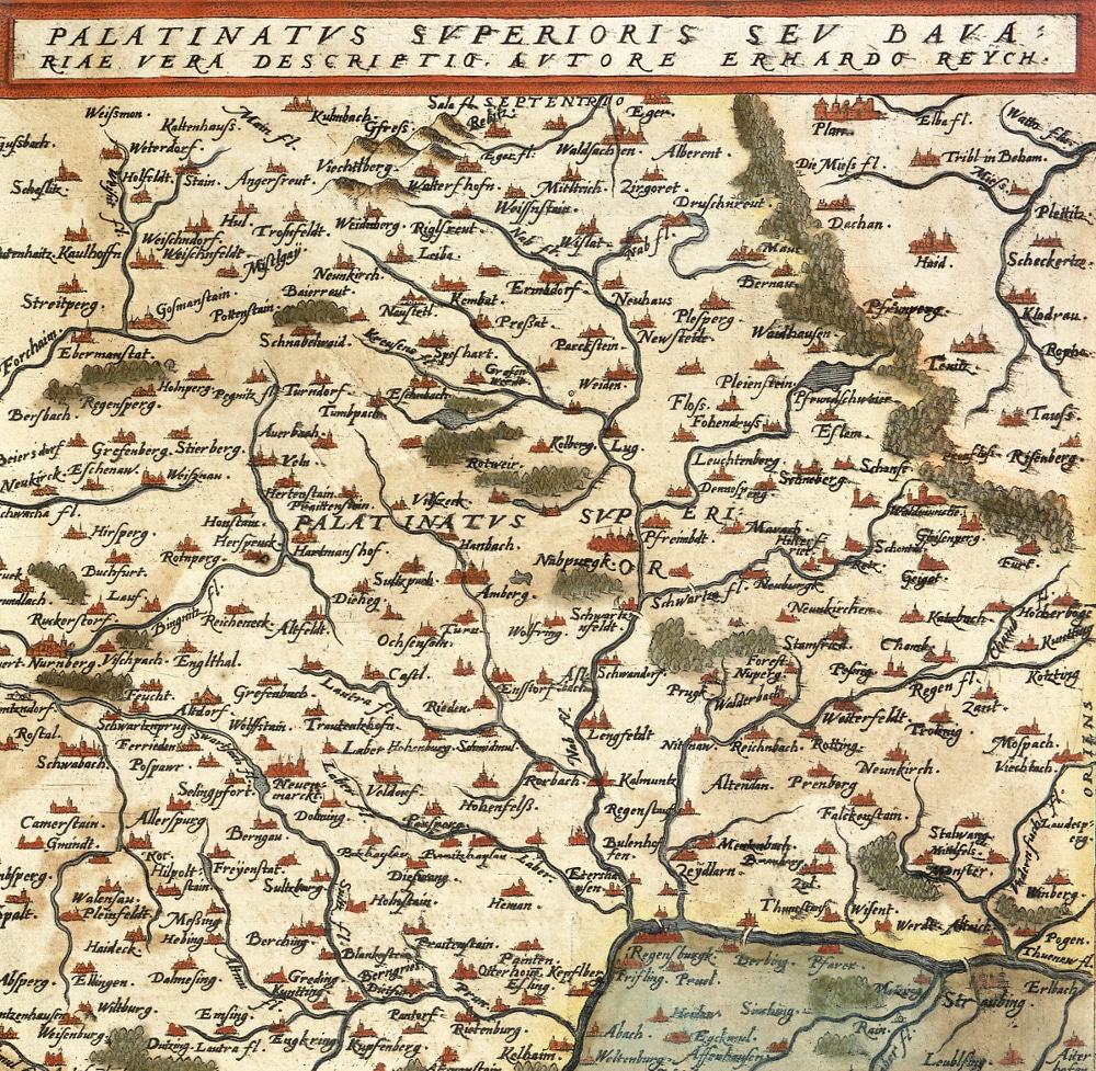 Gerard de Jode: Palatinatus Superioris Seu Bavariae Vera Descriptio, handkoloriert, Antwerpen 1578. Signatur: 999/Map.28.56 (Staatliche Bibliothek Regensburg)