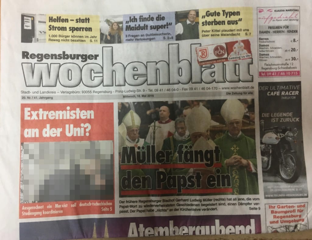 Die Titelseite des Regensburger Wochenblatts vom 18. Mai: Auftakt zu einer Kampagne.