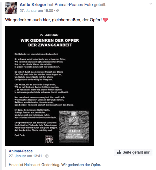 Anita Krieger gedenkt am Holocaust-Gedenktag der Pferde. Foto: Screenshot Facebook - Anita Krieger